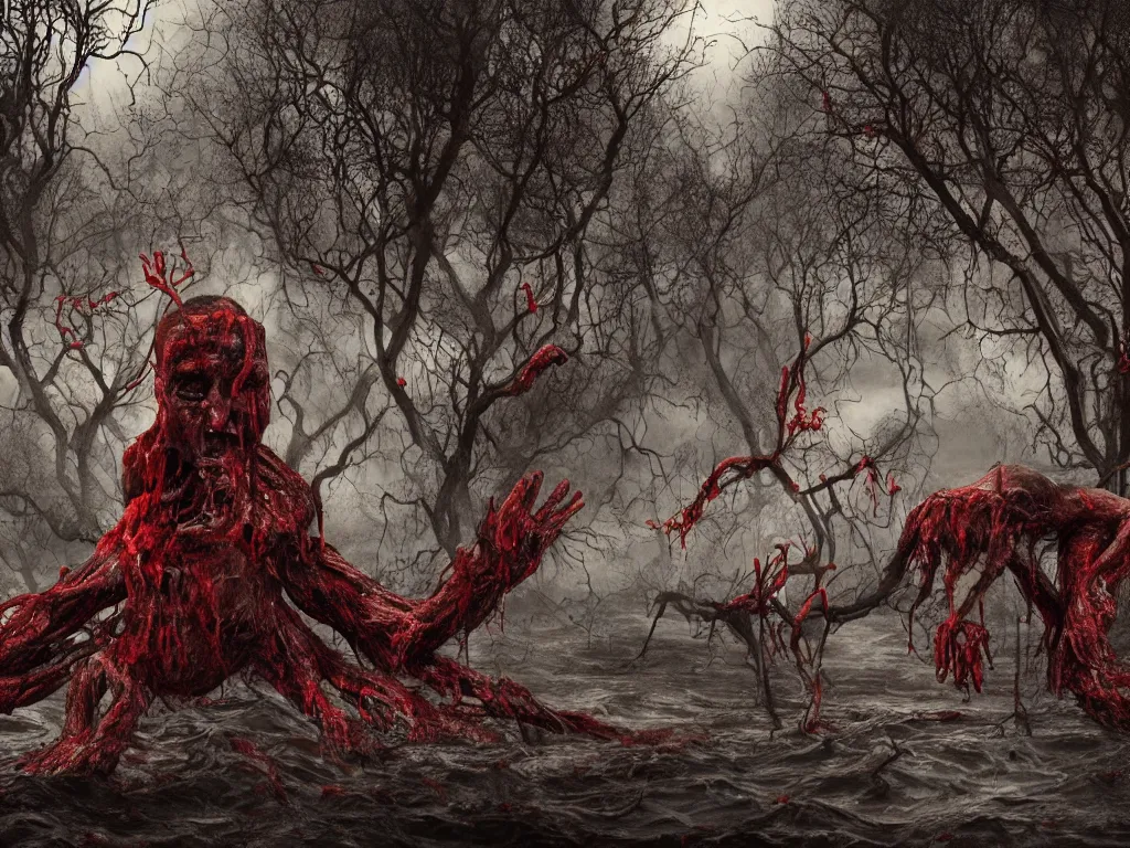 Image similar to a portrait of a man with five heads, twelve arms, sitting on chair made of human limbs, the chair is floating in a lake of blood, around the lake are melting trees, the man's limbs are merging with the trees, digital art, hyperrealistic nightmare scene, supernatural, highly detailed, creepy, terrifying