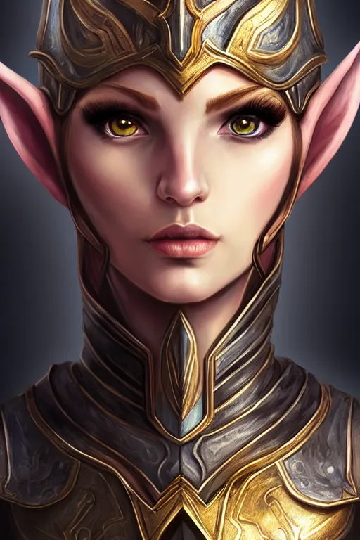 Image similar to head and shoulders portrait of an eldritch knight, elf, beautiful, female, breastplate, magical, high fantasy, d & d, by artgerm, face details, extremely detailed, digital illustration