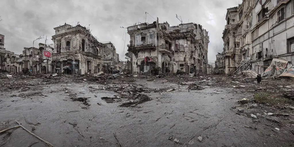 Image similar to post - apocalyptic depiction of the city of catania during flooding conditions by yoshitaka amano, wide angle camera