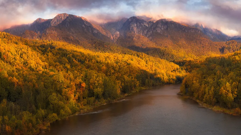 Prompt: Panoramic photo where the mountains are towering over the valley below their peaks shrouded in mist. The sun is just peeking over the horizon and the sky is ablaze with colors. The river is winding its way through the valley and the trees are starting to turn yellow and red, by Greg Rutkowski