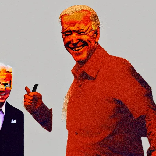 Image similar to joe biden waves to a redditor named joxeta while holding an axe by greg rutkowski and dave mckean in an orange and purple color palette