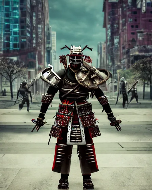 Image similar to photoreal professional character concept art, physically based octane render of a musicpunk samurai, wearing epic level 99 armour :: cinematic action posing, full view, epic, centered composition, beautiful, a vast orchestra chamber hall in the background