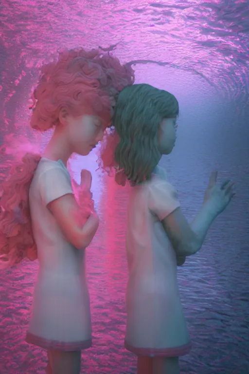 Prompt: 3d realistic dramatic infrared photo of two schoolgirls sisters with a realistic face and curly hair standing and hugging in a dark subway station under water in Japan. Close-up portrait. There are pink palm trees and translucent glow jellyfish flying around. Volumetric composition. Pastel colors in the style of Hiro Kiyohara, redshift, octane, trend artstation, cinematic, hyper realism, high detail, 8k