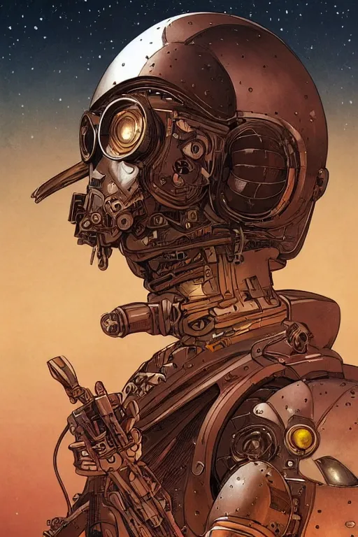 Prompt: Portrait of deadly space pirate warrior near spaceship wreckage, metabaron, mecha human, stars, sun, planetes, highly detailed, dune, stawars, digital painting, artstation, concept art, smooth, sharp focus, illustration, art by Juan Giménez and moebius, art nouveau, art deco, steampunk