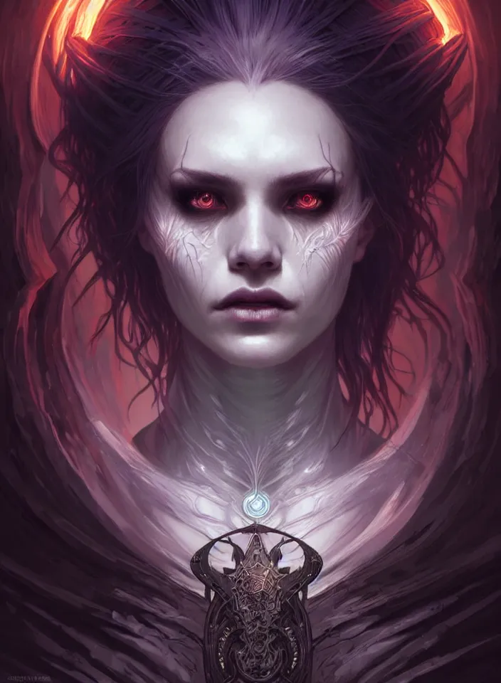 Prompt: Necromancer Sorceress face in center, fantasy magic, undercut hairstyle, dark light night, intricate, elegant, sharp focus, illustration, highly detailed, digital painting, concept art, matte, art by WLOP and Artgerm and Greg Rutkowski and Alphonse Mucha, masterpiece