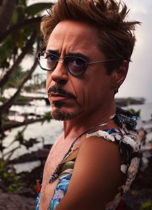 Image similar to a full portrait photo of robert downey jr holiday in bali, f / 2 2, 3 5 mm, 2 7 0 0 k, lighting, perfect faces, award winning photography.