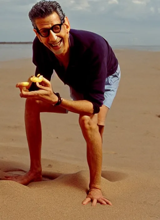 Image similar to jeff goldblum with a finger in a banana on the sand of a beach