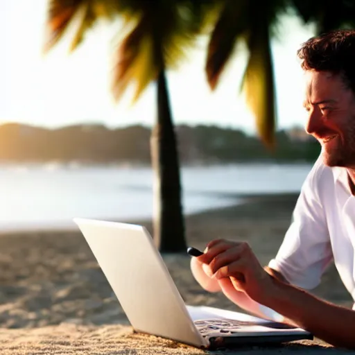 Image similar to stock photo of happy man working on laptop at beach, bokeh