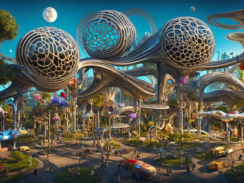 Image similar to a busy elaborate ornate outdoor science museum, cinematic, shadows, 4 k, detailed, by zaha hadid and lisa frank and peter jackson and ridley scott and beeple and greg rutowski