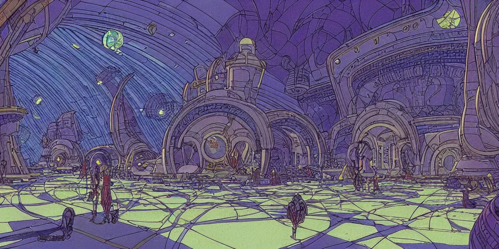 Image similar to cel shaded cinematic shot of the interior of a sci-fi space station with ornate Elven architecture bustling with various intelligent alien species, epic castle, emerald, crystalline, detailed illustration, sharp focus, crisp lines, art by Moebius, Jean Giraud Moebius comic illustration