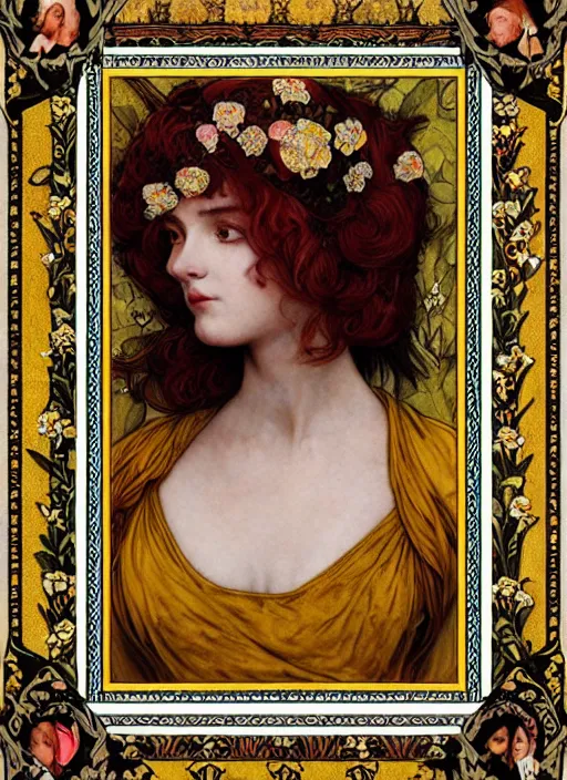 Prompt: masterpiece beautiful srxy pose preraphaelite portrait photography, hipster hair fringe, yellow ochre ornate medieval dress, william morris and kilian eng and mucha, framed, 4 k