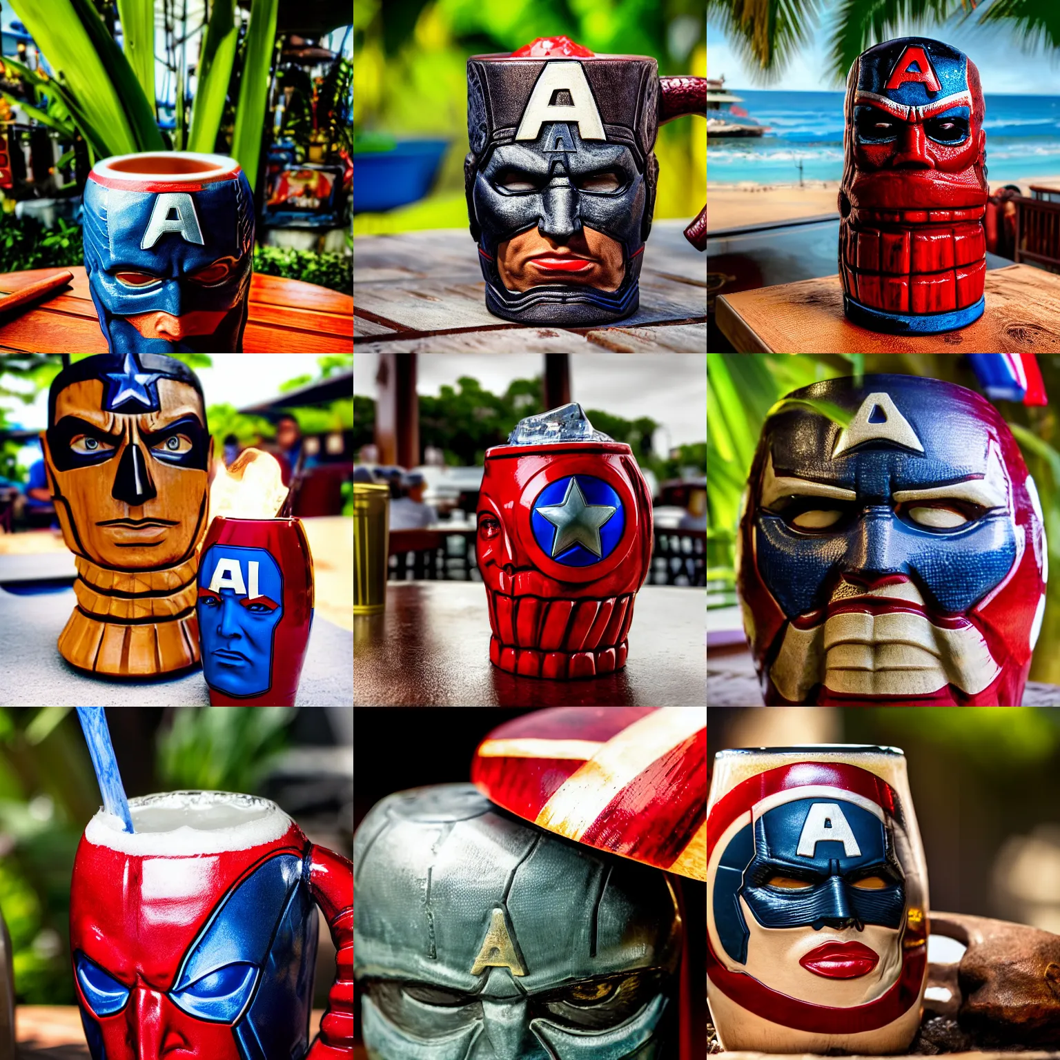 Image similar to a closeup photorealistic photograph of a glossy captain america style tiki mug sitting at an outdoor trader vic's bar featuring captain america's face. tiki theme. bright scene. fine detail. this 4 k hd image is trending on artstation, featured on behance, well - rendered, extra crisp, features intricate detail, epic composition and the style of unreal engine.