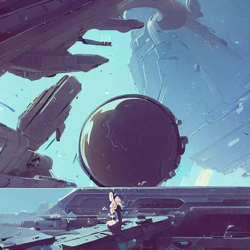 Image similar to a spaceship flying through a shattered planet by atey ghailan, by greg rutkowski, by greg tocchini, by james gilleard, by joe fenton, by kaethe butcher, dynamic lighting, gradient light blue, brown, blonde cream and white color scheme, grunge aesthetic