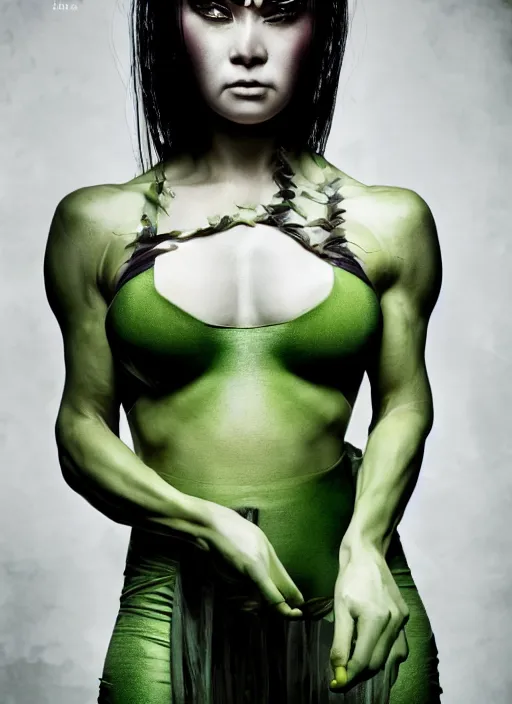 Image similar to a photo of she hulk, dramatic pose, by zhang jingna, dramatic lighting, 7 5 mm lens, sharp focus.