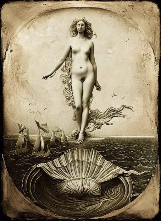 Prompt: old wetplate birth of venus, fractal, intricate, elegant, highly detailed, parallax, leica, medium format, subsurface scattering, by jheronimus bosch and greg rutkowski and louis jacques mande daguerre