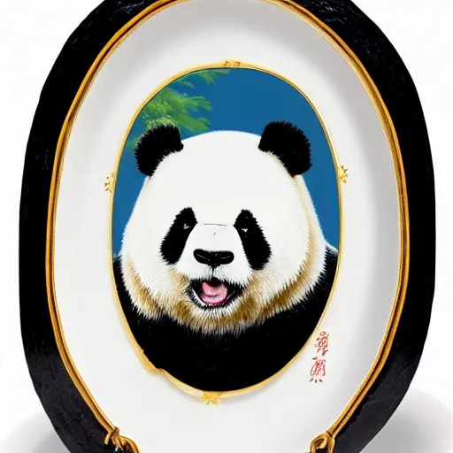 Image similar to an elegant, shiny, porcelain portrait of a giant panda donald trump, han dynasty heirloom