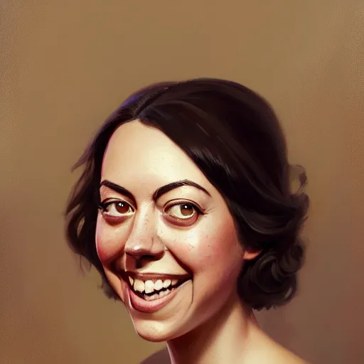 Image similar to portrait painting of aubrey plaza age 2 5, bright and energetic, with a sweet smile and floofy hair, render cinematic lighting art 1 9 2 0 period drama by bussiere rutkowski andreas rocha