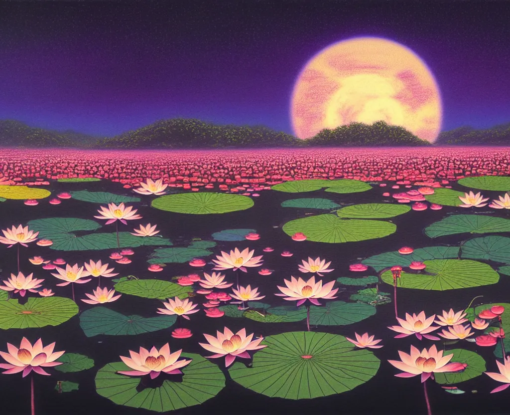 Image similar to a landscape pastel in the style of noriyoshi ohrai and mark tedin of a holy field of lotus flowers, night time. key art. 4 k retrofuturistic fantasy