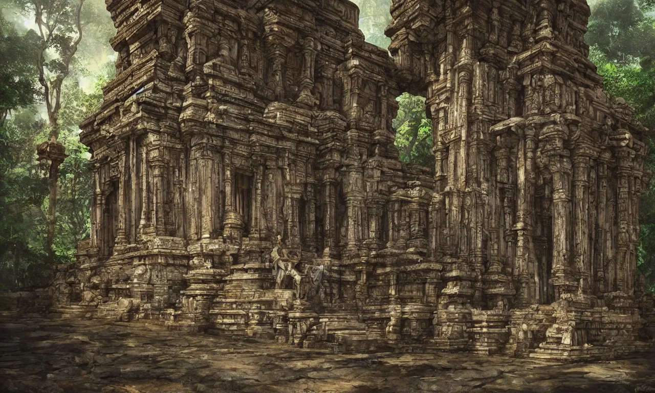 Image similar to hidden biomechanical ancient temple in a beautiful sri lankan landscape, concept art, intricate detail, volumetric shadows and lighting, realistic oil painting,