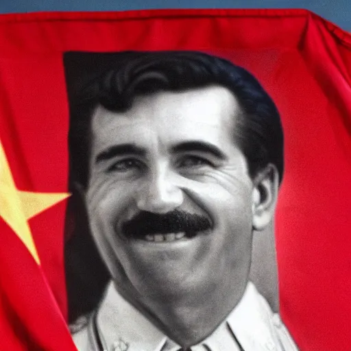 Image similar to hyper realist photograph of staline smiling with the ussr flag behind him, close up, face picture, 4 k, very detailed