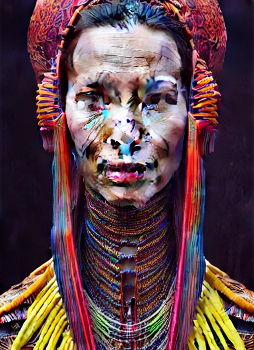 Image similar to portrait of catriona balfe as a long - neck kayan woman, hyper detailed ultra sharp trending on artstation, warpaint aesthetic, colorful, psychedelic, ornate, intricate, digital painting, concept art, smooth, sharp focus, illustration, art by artgerm and greg rutkowski and h. r. giger, 8 k