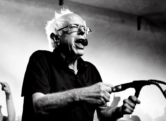 Image similar to publicity photo still of bernie sanders in a punk band playing live on stage, 8 k, live concert lighting, mid shot