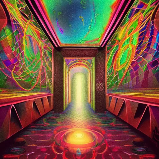 Prompt: all i feel is euphoria in the dmt waiting room tunnel, i feel connected to the entire room; artstation