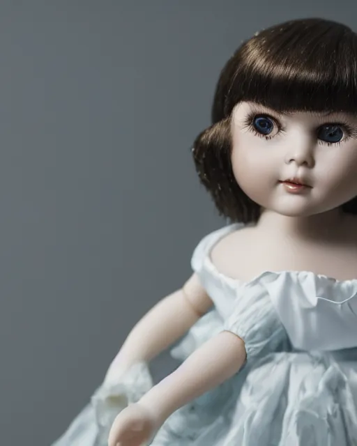 Image similar to high quality presentation photo of young Shirley MacLaine as a porcelain doll, photography 4k, f1.8 anamorphic, bokeh, 4k, Canon, Nikon