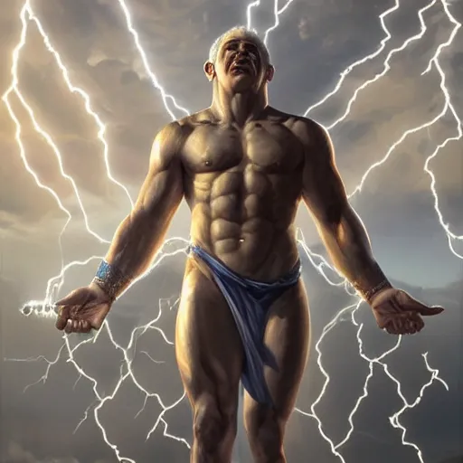 Prompt: benjamin netanyahu as the greek god of lightning, lightning bolts, highly detailed, ultra clear, by artgerm and greg rutkowski