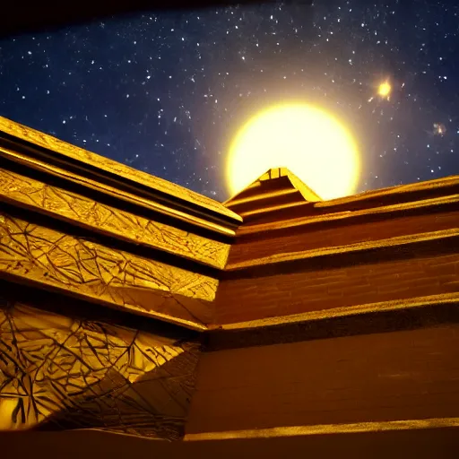 Prompt: high - detailed photographs glowing sun inside a golden architecture pyramid triangle front view axial dark sky, cinematic scene