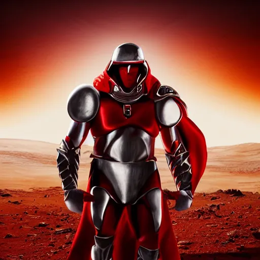 Prompt: portrait of a tall muscular infantry man in glossy sleek white armor with tiny red details and a long red cape, heroic posture, deermined expression, on the surface of mars, night time, dramatic lighting, cinematic, sci-fi, hyperrealistic, movie still