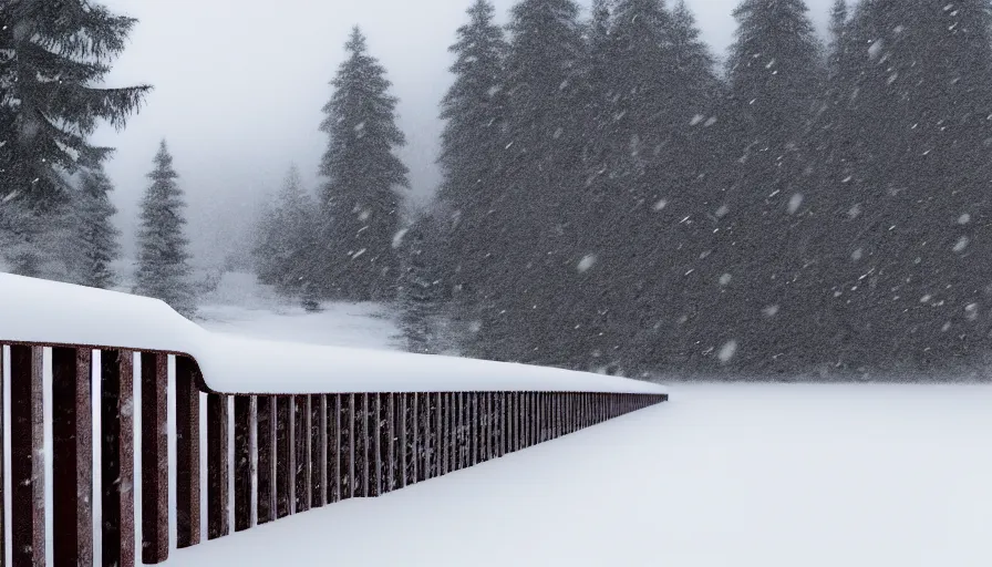 Image similar to wooden guardrails covered by snow in beautiful winter landscape. fog, snowstorm, photorealistic rendering, octane