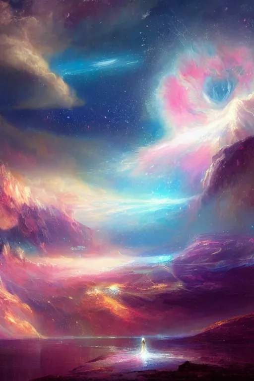 Prompt: A beautiful illustration of a >a colorful nebula kitten galaxy colored Ecru, art by J.M.W. Turner< in the distance landscape surrounded by a lake, hills, blue sky with big clouds by greg rutkowski,borisut chamnan, makoto shinkai and thomas cole, graphic art, anime culture,featured on behance, digital art wallpapers