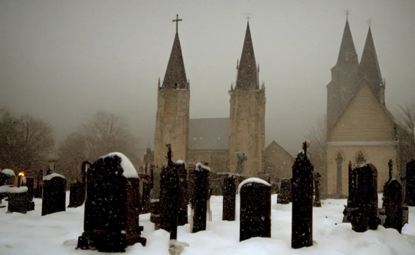 Prompt: A funeral inside a snowy graveyard with millions of candles on the ground with 18th century gothic church in the background cold and sad in the shining by stanley kubrick, shot by 35mm film color photography