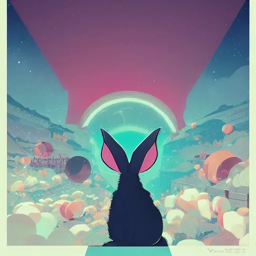 Image similar to A rabbit full of hope, looking for a black hole in an infinite time loop by Victo Ngai and Ghibli andlisk feng and atey ghailan