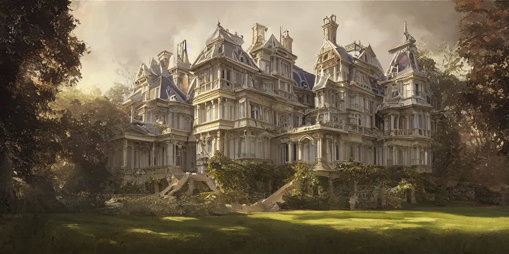 Image similar to a painting of a late Victorian mansion designed by Joseph Paxton, illustration by Mandy Jurgens and Małgorzata Kmiec and Dang My Linh and Lulu Chen and Alexis Franklin and Filip Hodas and Pascal Blanché and Bastien Lecouffe Deharme