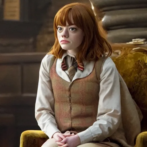 Image similar to emma stone as Hermione Grainger a still shot from harry Potter movie 2