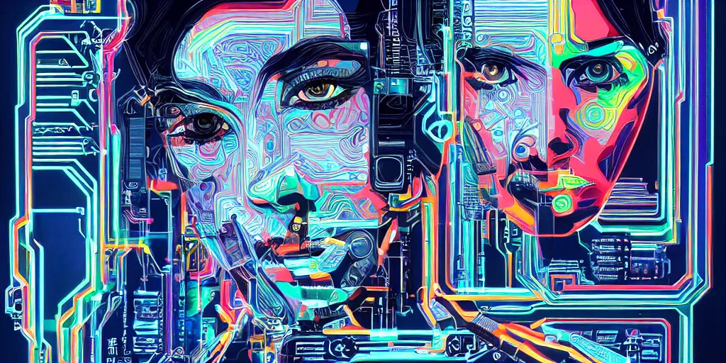 Image similar to portrait of computer & circuits, 8 k, by tristan eaton, trending on deviantart, face enhance, hyper detailed, minimalist, cybernetic, android, blade runner, full of colour, super detailed