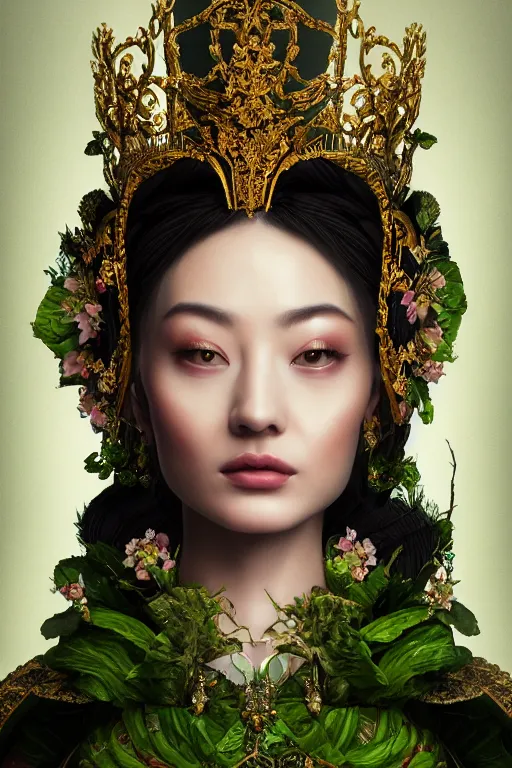 Image similar to a beautiful empress portrait, with a brilliant, impossible striking big salad headpiece, clothes entirely made out of salad, everything salad, symmetrical, dramatic studio lighting, rococo, baroque, greens, asian, hyperrealism, closeup, D&D, fantasy, intricate, elegant, highly detailed, digital painting, artstation, octane render, 8k, concept art, matte, sharp focus, illustration, art by Artgerm and Greg Rutkowski and Alphonse Mucha