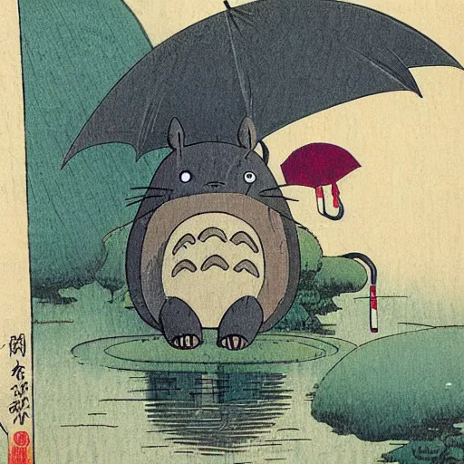 Image similar to Totoro is holding an umbrella in the rain, ukiyo-e