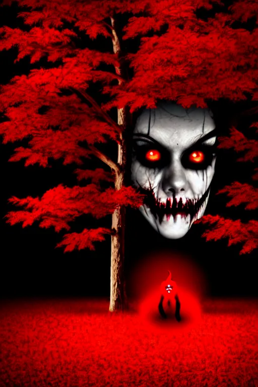 Image similar to a demon inside a red tree, black eyes, creepy