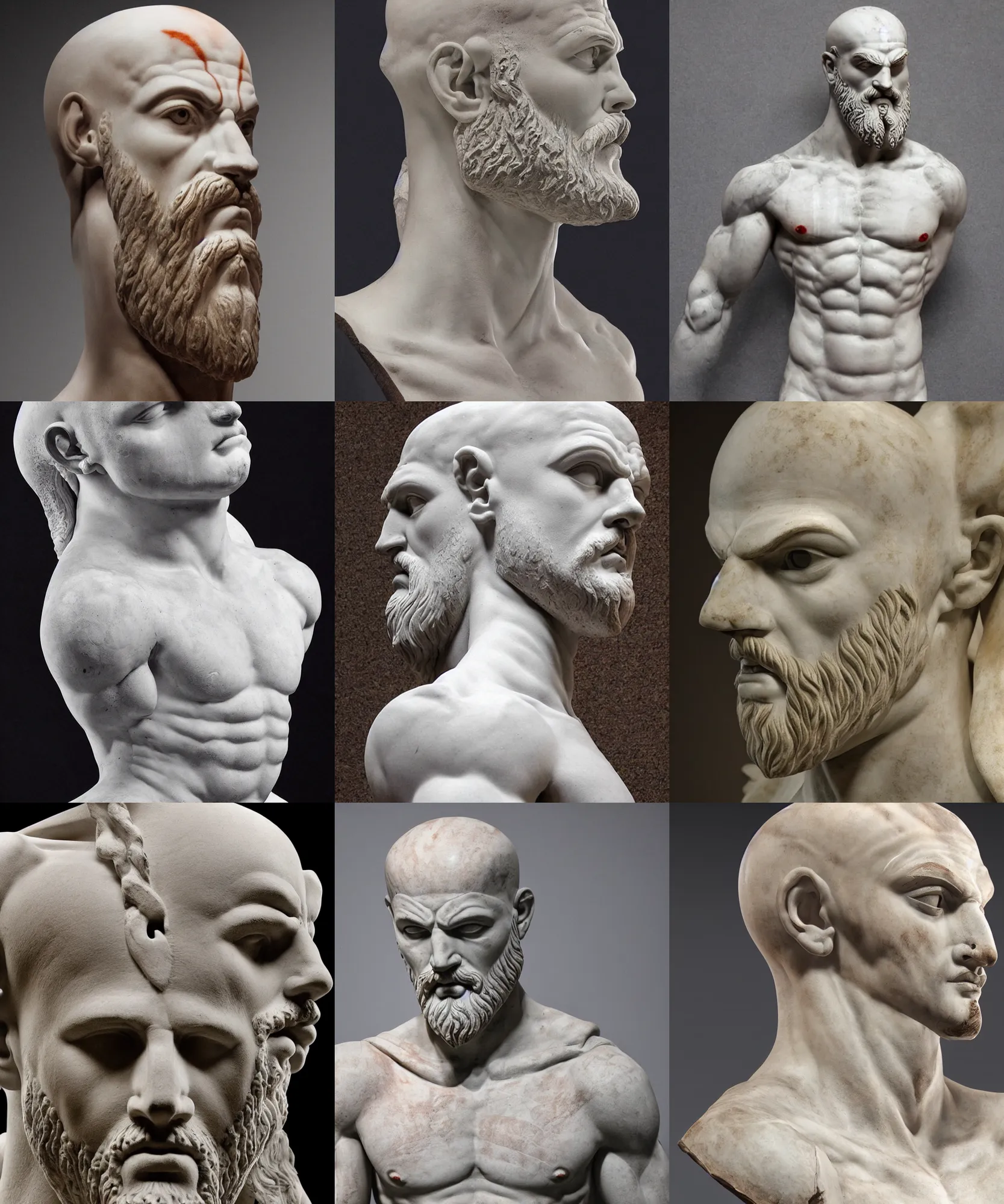 Prompt: ancient greek upper body body marble statue of kratos dramatic lighting, symmetrical facial features, symmetrical face, defined facial features