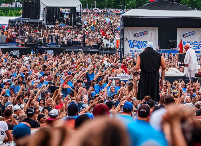 Image similar to photo still of mother teresa on stage at vans warped tour!!!!!!!! at age 4 8 years old 4 8 years of age!!!!!!! throwing roseries to the crowd, 8 k, 8 5 mm f 1. 8, studio lighting, rim light, right side key light