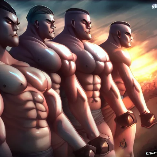 Image similar to ccp bara anime man with huge muscles in a speedo commanding an army of tanks, highly detailed, artstation, soft lights, photorealistic, octane render