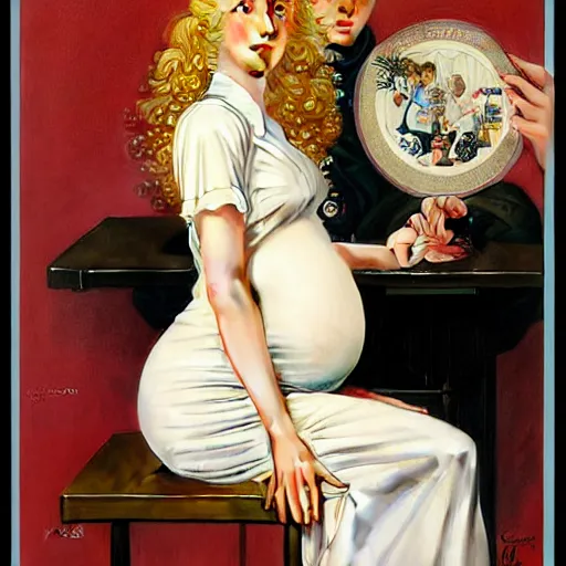 Prompt: beautiful painting of the androgynous pale blond prince Raiden with long curly blond hair, wearing a soft white poet shirt and a black miniskirt and heels, pregnancy, pinup poster by J.C Leyendecker and Norman Rockwell