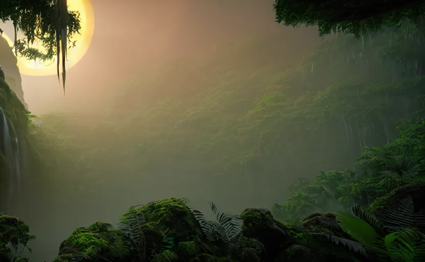 Image similar to a beautiful render of a dark prehistoric rainforest, lush flora, patches of sky, sunset, flying mountains and a waterfall in the background, intricate detail, hazy, humid, volumetric lighting, 8 k, photorealistic, raytracing effects, unreal engine 5