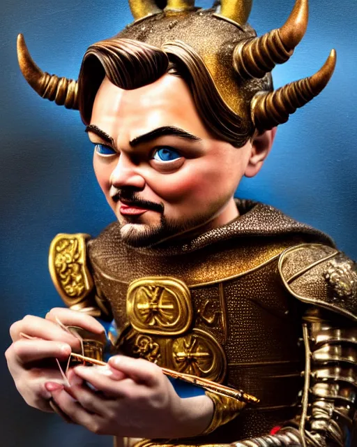 Image similar to highly detailed closeup, face profile portrait of a tin toy leonardo dicaprio as a medieval demon with horns eating cakes in a castle, hyper realistic, artstation, illustration, nicoletta ceccoli, mark ryden, lostfish, dan decarlo, bob clampett, max fleischer, digital paint, matte paint, vivid colors, detailed and intricate environment