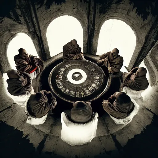 Image similar to hyper detailed, 5 monks kneeling in a circle, wires coming out of the back of their heads connecting them to a computer in the center, dark shadowy surroundings, dystopian scifi, horror