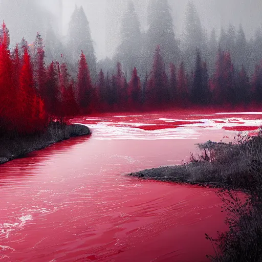 Image similar to dead river, red color, highly detailed, 8 k, artstation, beutifull, masterpiece,