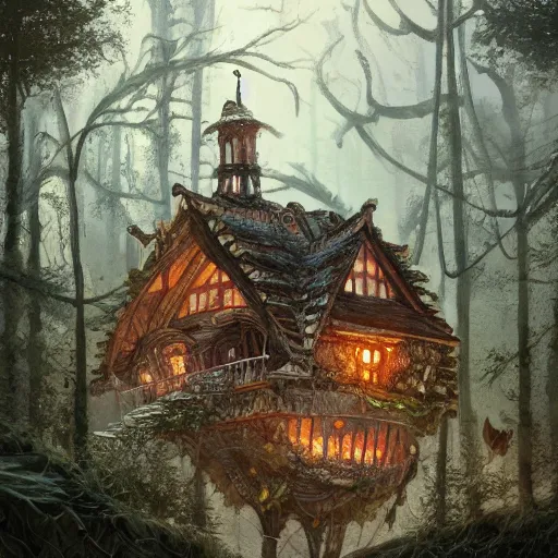 Prompt: a storybook illustration of a ramshackle multistory fairytale hut in the forest, intricate, elegant, atop chicken legs, in forest, fantasy, highly detailed, digital painting, concept art, sharp focus, trending on artstation